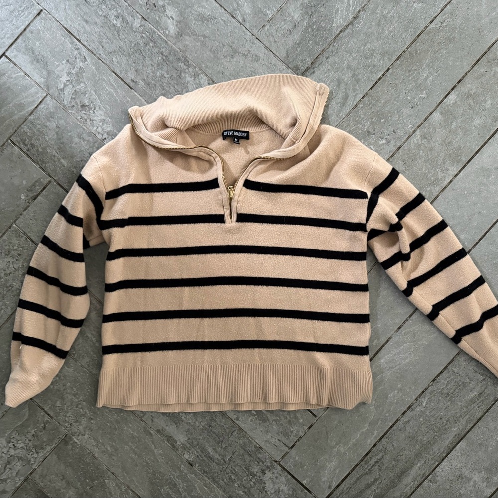 Steve Madden Beige and Black Striped Zip-Neck Sweater